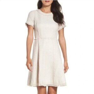 NWT Eliza J Ivory Short Sleeve Fringe Trim A-line Round Neck Tweed Dress Size 10